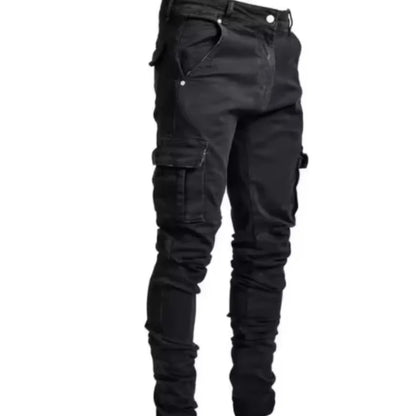 2025 New Fashionable men's denim work pants street style black gray multi pocket jeans American casual multi pocket jeans