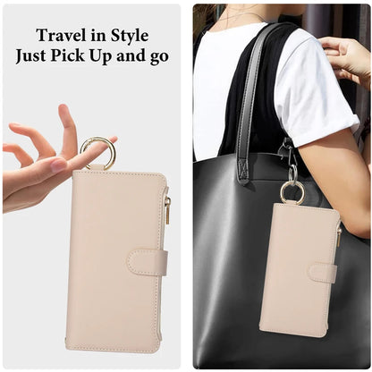 Multifunction Card Slots Holder Zipper Wallet Flip Phone Case for IPhone 15 14 13 12 11 Pro Max Plus XS XR X 15Pro Strap Cover