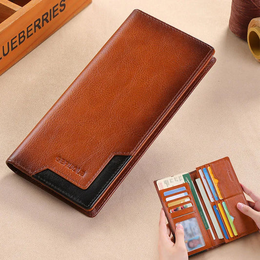 Portefeuille homme cuir véritable nouveau portefeuille long porte-cartes rangement pince à billets en cuir sac à main cadeau
