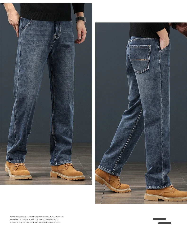 Winter Fleece Men Jeans Classic Loose Straight Warm Thicken Trousers Business Casual Velvet Elastic Denim Pants Plus Size 42 44