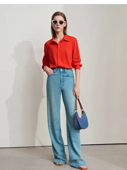 Shirt for Women Minimalist Solid Color Long Sleeves Knitted Versatile Commuting Shirts Turn Down Collar Women Tops 12551078