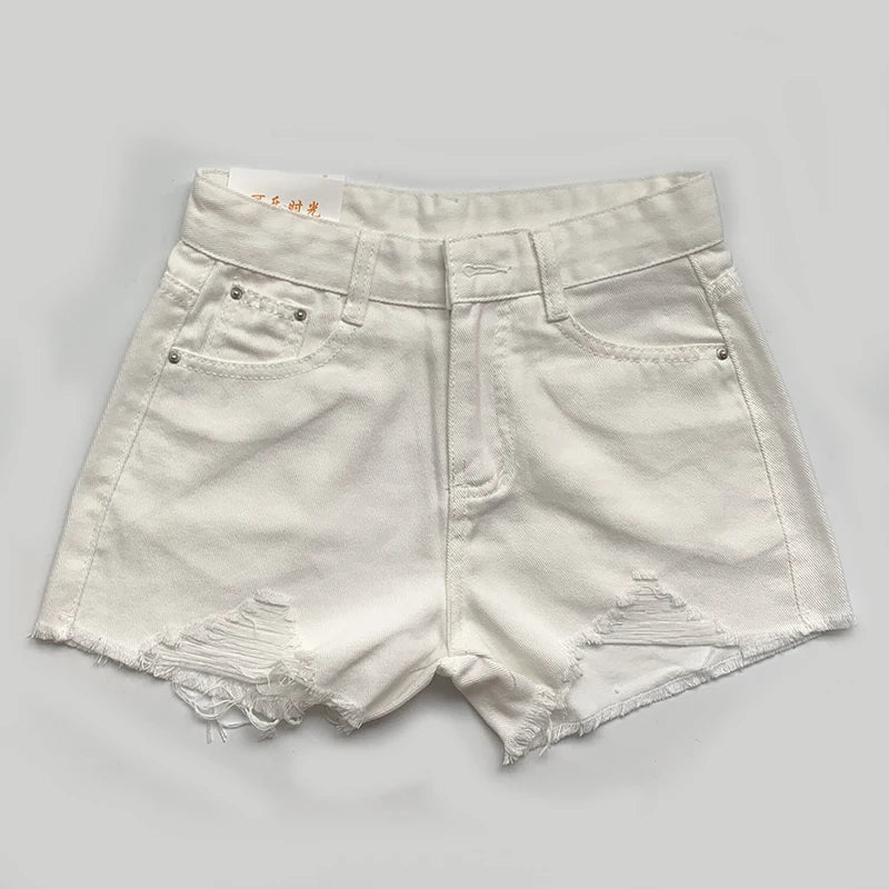 Summer Korean Women's Cowboy Shorts High Waist Casual Blue Denim Shorts Pocket Tassel Perforated Fashion Shorts Y2K Female Jeans