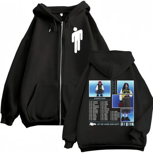 Hit Me Hard and Soft Tour 2025 Zipper Hoodies High Street Fashion Trend Zip Up Sweatshirts Men Women Casual Oversized Pullovers