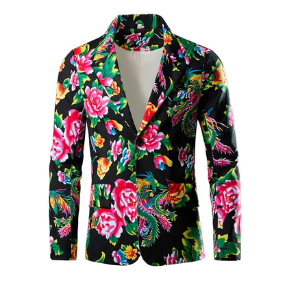 2026 Thin Men's Black Printed Suit Jacket, Asian Size V-Neck Single Button Blazer, Red Nostalgic Style Long Sleeve Cotton Coat.