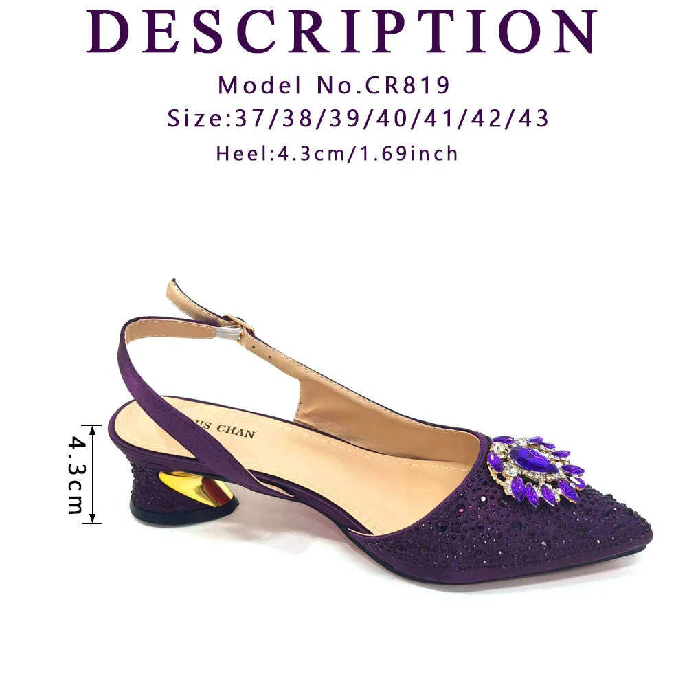 Royal Blue Sandals for Women 2024 Luxury Wedding Pumps Med Heels Rhinestone Design Party Shoes and Bags Set