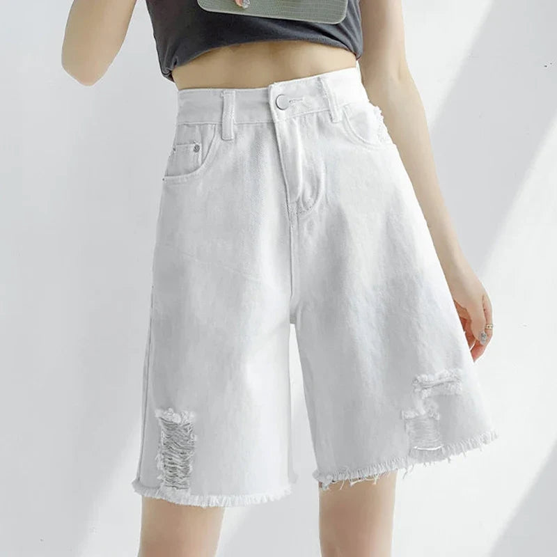 Women Tassels Denim Shorts Korean Fashion Letter Embroidery Wide Leg Shorts Casual Streetwear High Waist Female Shorts