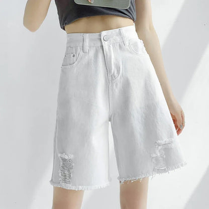 Women Tassels Denim Shorts Korean Fashion Letter Embroidery Wide Leg Shorts Casual Streetwear High Waist Female Shorts