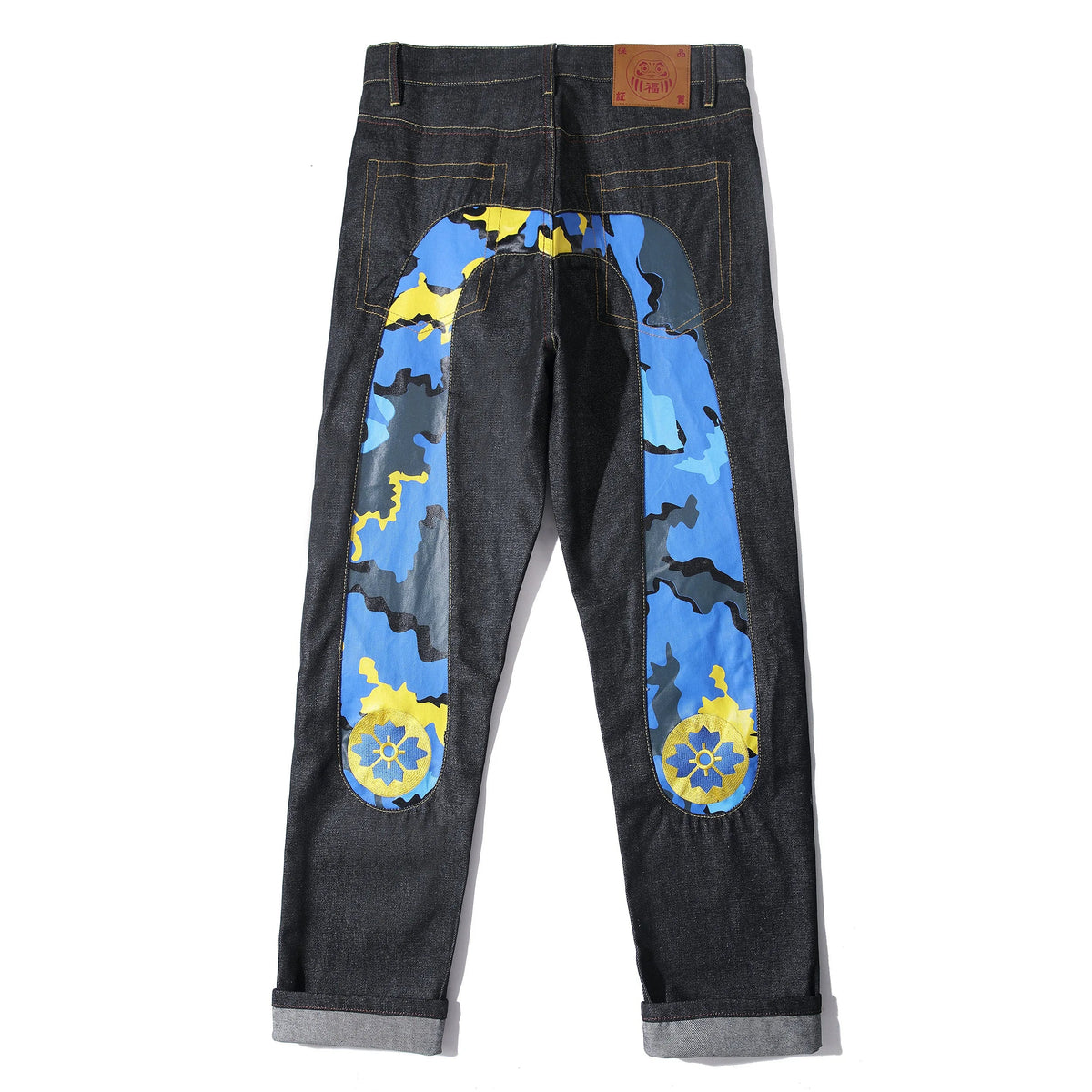 Men's Japanese Handmade Embroidered Cotton Jeans Straight Tube Slim Fit Hip-Hop Trousers Red Ear Detail Devil Big M Golden Text