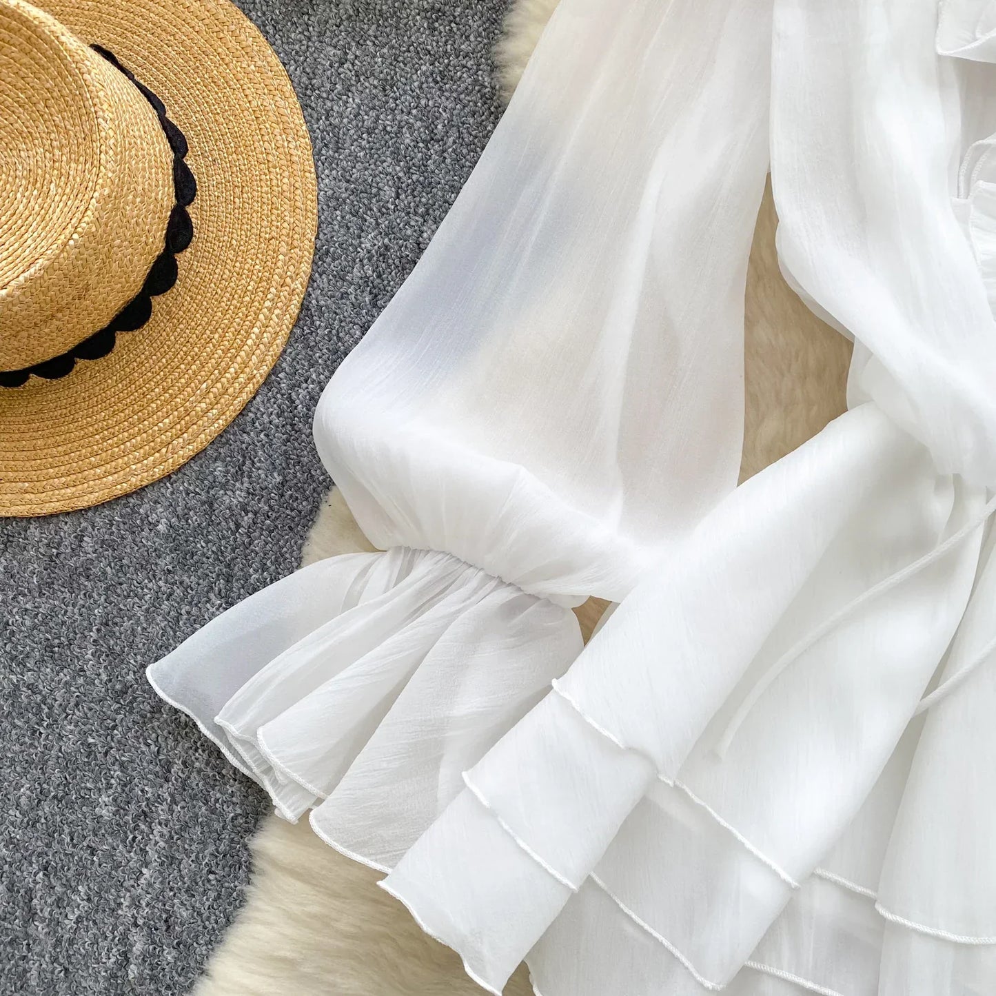 3D Floral Beach Short Dress Female Long Sleeves Lace Up Ruffle Chiffon Cake Sundress Sheer Sexy Vintage Bohemian Dress
