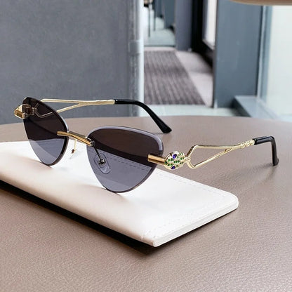 Rimless Cut Edge Cat Eye Sunglasses Gem Inlay Hollow Metal Temple UV400 Gradient Lens Shades for Women Daily Outdoor Sun Glasses