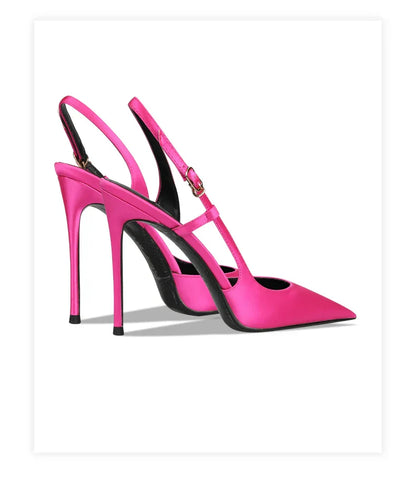 Rose red satin back tripe buckle sandals for women's new style slim heel and sexy European and American style single shoes