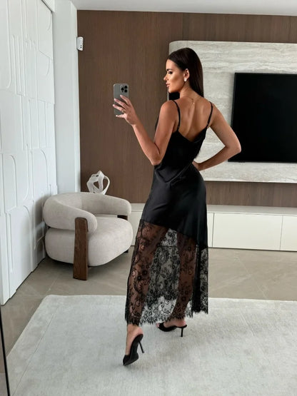 Trendix Hollow Out Lace Dress Women 2025 Winter Sexy V Neck Sleeveless Spaghetti Strap Dresses Party Club Elegant Evening Dress