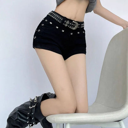 Women's Summer White Denim Shorts Sexy Skinny Elasticity Y2K Short Jeans Female Retro Personality Gothic Rivet Cowboy Shorts