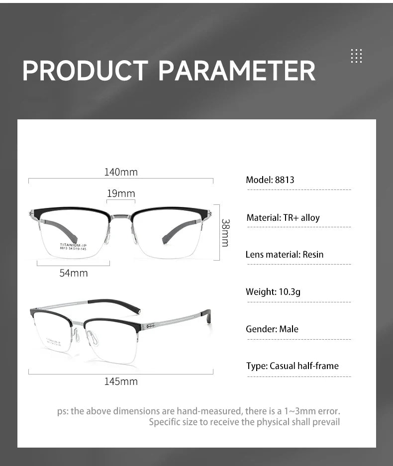 New Ultra-Lightweight Business Titanium Frame Semi-Rimless Reading Glasses Men Customized Prescription Myopia C8813T
