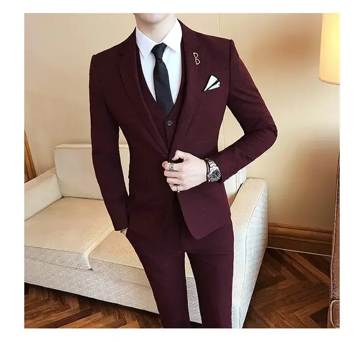 Blue Men Classic Striped/Checked Suits, Asian Size Slim Fit Business Office 3-Piece Sets, Black/Gray and Red Available.