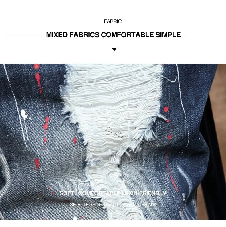 Vintage Short Jeans Men 2024 Summer New Ripped Hip Hop Graffiti Male Denim Shorts Streetwear Hole Knee Length Pants