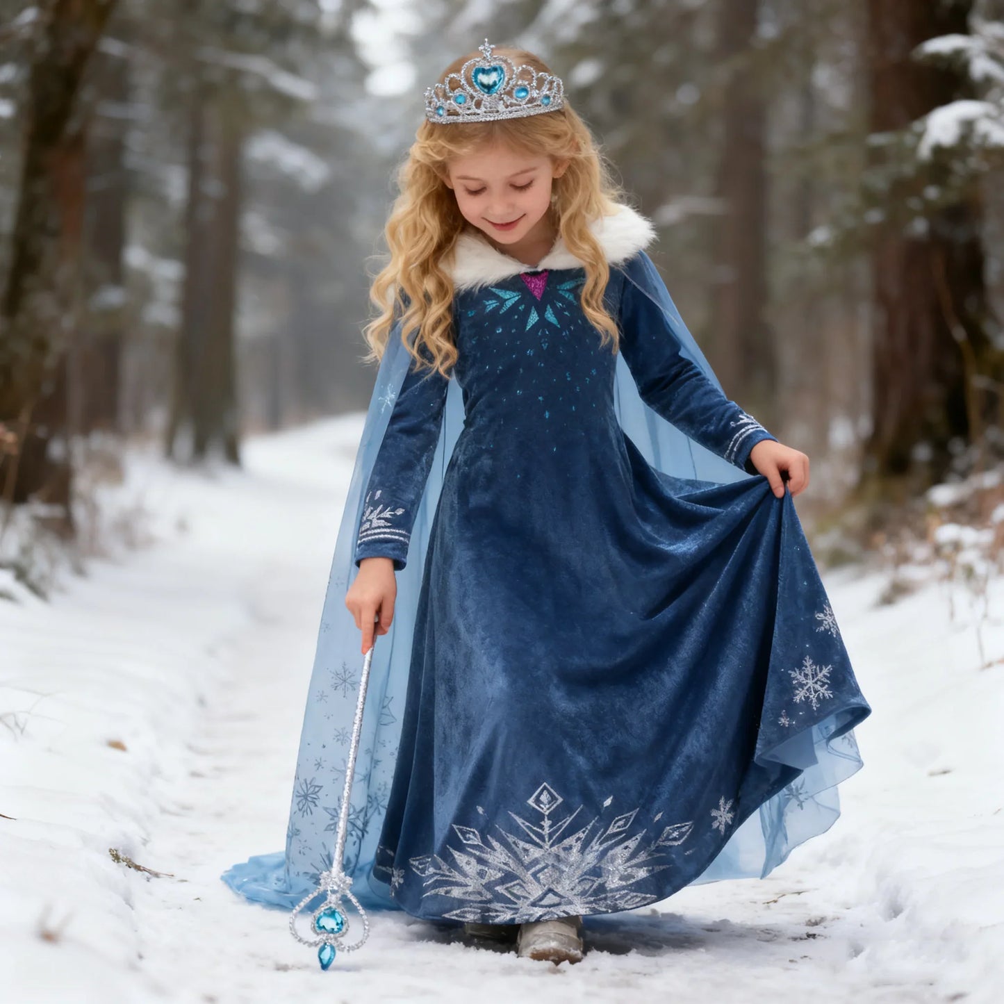 Blue Snowflake Princess Dress Winter Long Sleeve Fur Collar Snow Queen Costume Dress Girl Elsa New Year Christmas Party Clothes