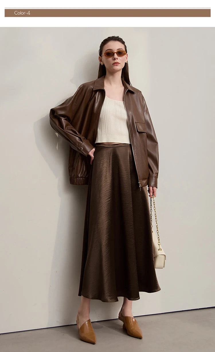 Women's Skirt Loose Long A-skirt Satin Skirts For Women 2025 Autumn New Minimalist Solid Color Clothing Ladies 12513015