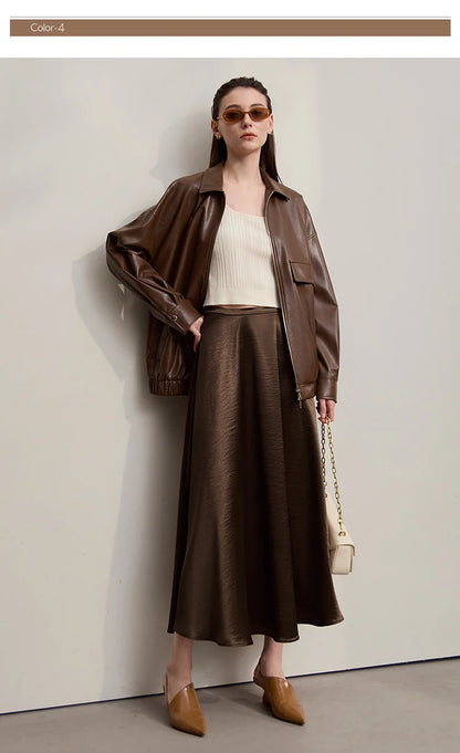 Women's Skirt Loose Long A-skirt Satin Skirts For Women 2025 Autumn New Minimalist Solid Color Clothing Ladies 12513015