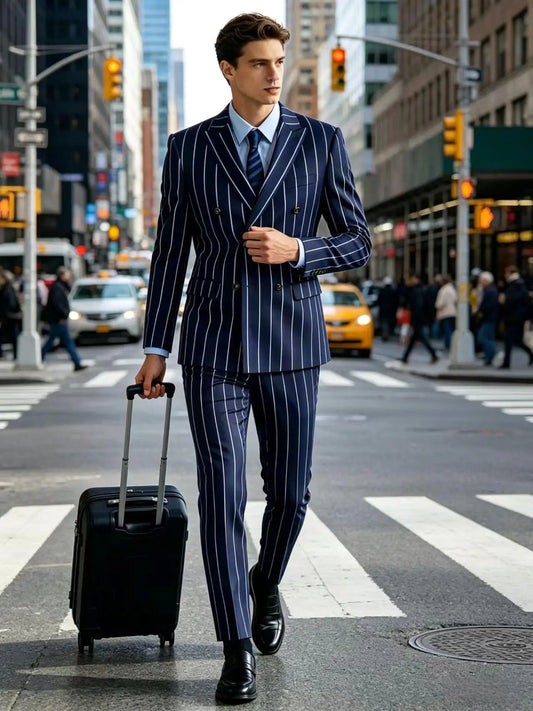 Men's Pinstripe 2 Piece Suit Set Double Breasted Peak Lapel Slim Fit Striped Tuxedo Suit For Wedding Prom Business Formal