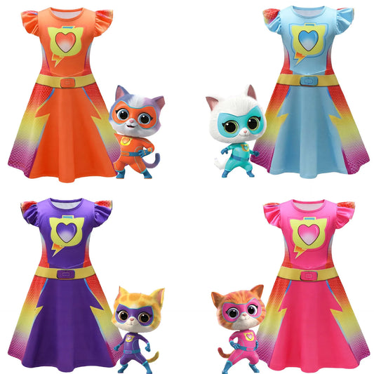 Children's SuperKitties Dresses Super Kitties Cosplay Costume Girls Flying Sleeves A-Line Dress Bag Mask Carnival Birthday Gift