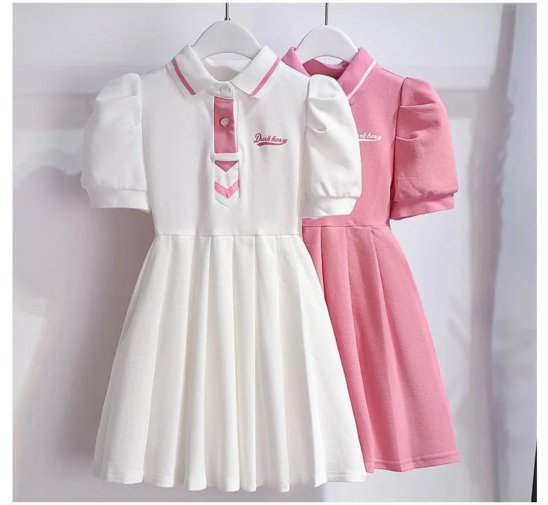 1pcs Summer Children's Dress Girl's Korean Edition Bubble Sleeves Flip Collar Dress Kids Princess Dress Baby Sweet Pleated Skirt