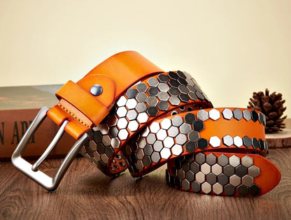 3.8cm Width Men Rivet Studded Belt Punk With Pin Buckle Belts Hip Hop Male High Quality Genuine Leather Belt Rock Strap