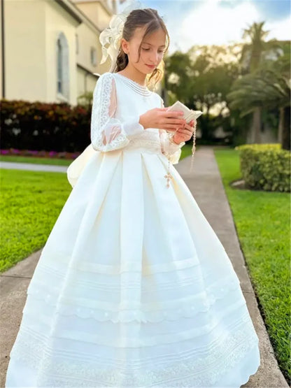Elegant Long-sleeved Tulle Lace Printing Flower Girl Dress Princess Ball First Communion Dresses Kids Surprise Birthday Present