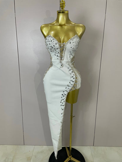 Newest High Quality Sexy Strapless Shinning Rhinestones Bodycon Bandage Long Dress Women Fashion Celebrate Evening Party Vestido