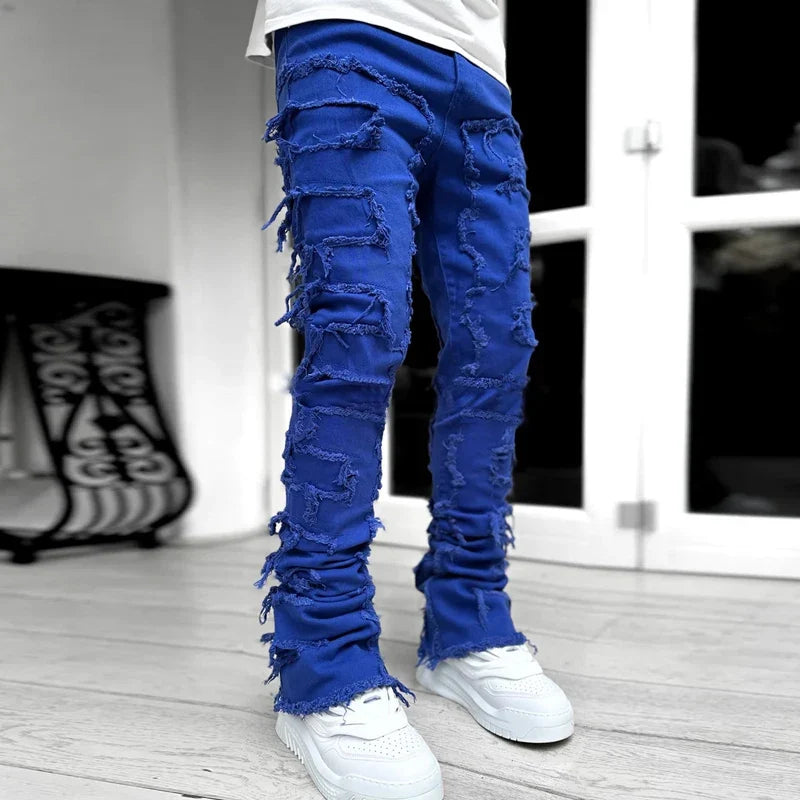 New European and American Heavyweight Streetwise Stretch Patch Jeans for Men, High Street Straight Fit Long Jeans16-3001