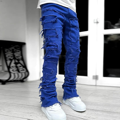 New European and American Heavyweight Streetwise Stretch Patch Jeans for Men, High Street Straight Fit Long Jeans16-3001