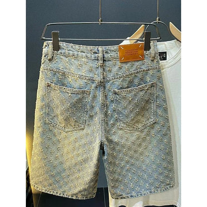 American Y2K Light Luxury Quality Retro Denim Shorts Summer Hip Hop INS Men Loose Shave Jacquard Couple Denim Five Point Pants
