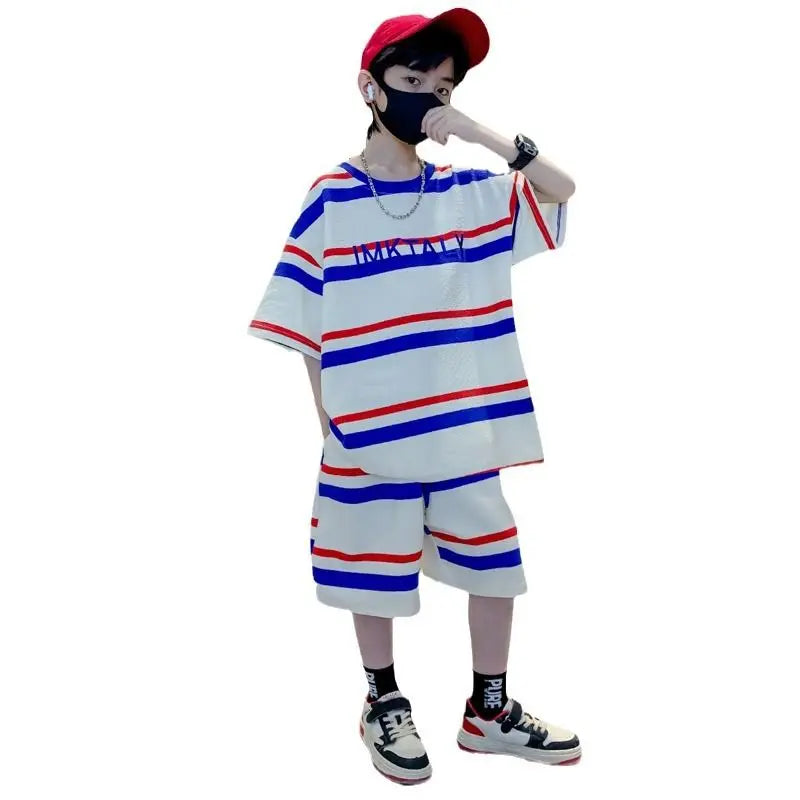 Striped Short-sleeved Sportswear Summer Suit for Boy Set Children From 4 Years Old Tees Kids Clothes Boys Children's Costumes 11