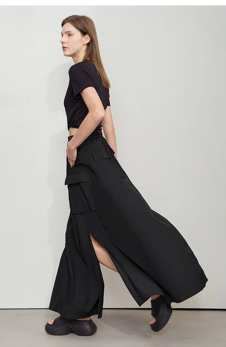 Vacation Long Skirt 2025 Summer Women Loose Sun Protection Office Lady Solid Pockets Elastic Waist Cord Slit Skirt 12542106