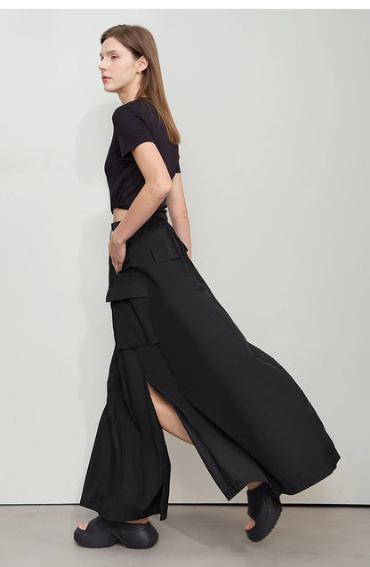 Vacation Long Skirt 2025 Summer Women Loose Sun Protection Office Lady Solid Pockets Elastic Waist Cord Slit Skirt 12542106
