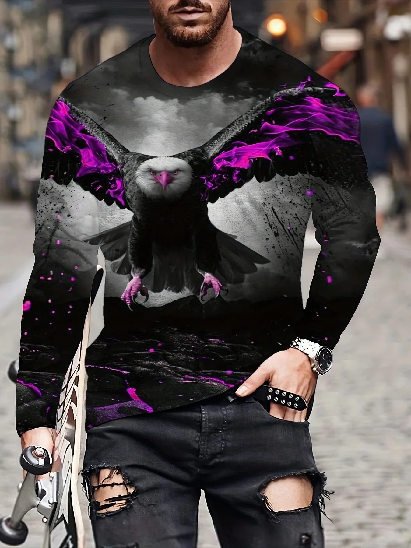 Men's Eagle Printed Long Sleeve Round Neck Retro Novelty T Shirt Autumn Fashion Large Size Long Sleeve Men's Shirt Clothing