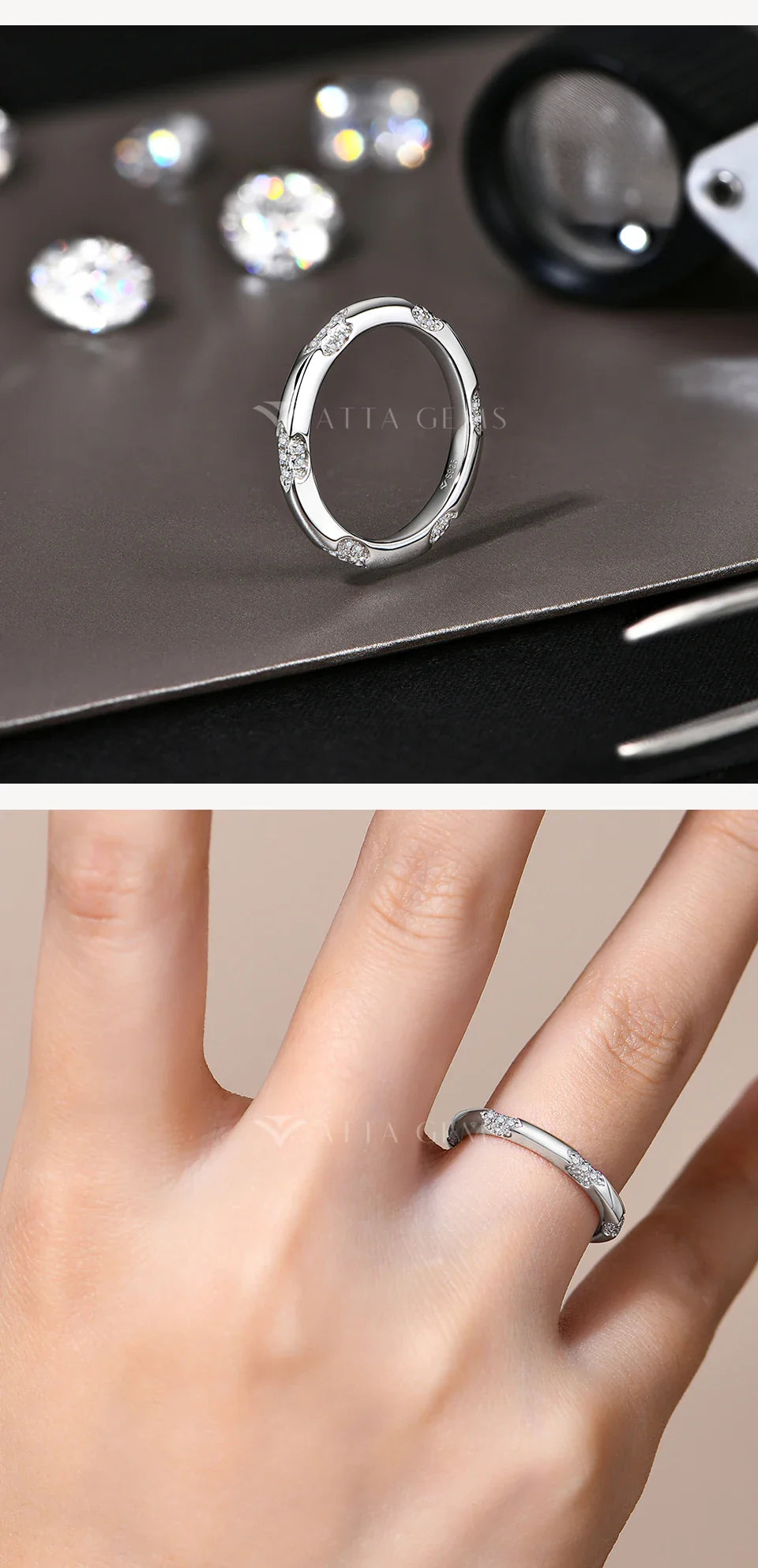 ATTAGEMS 2025 Bagues simples en Moissanite Entièrement diamant VVS1 S925 Bague de fiançailles ou de mariage en argent sterling pour femmes et hommes, cadeaux quotidiens