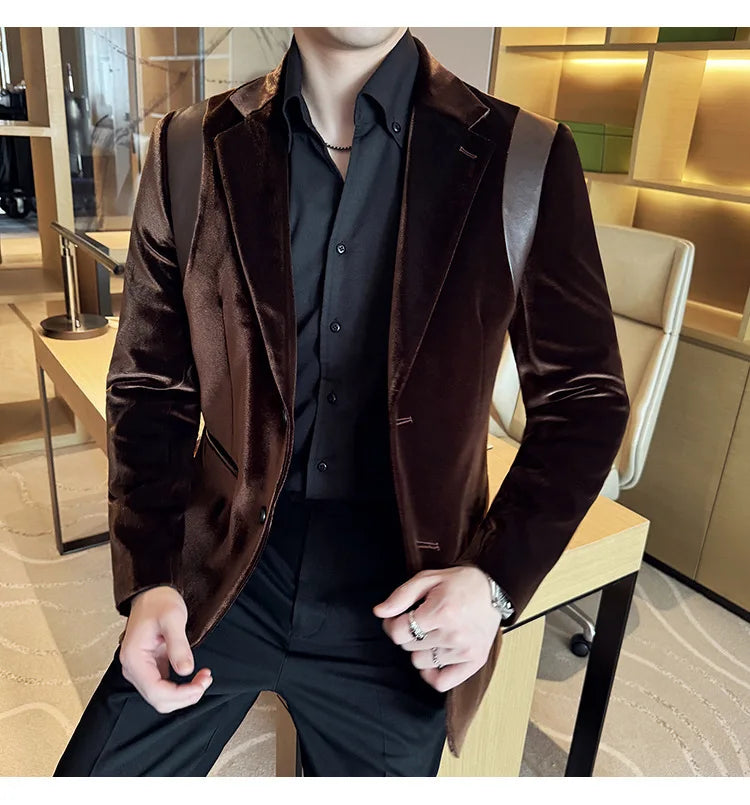Leather Splicing Mercerized Velvet Suit Jacket 2025 Autumn New Men's High-end Business Slim Fit Fashion Party Tailcoat 4XL-M