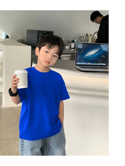 Summer Casual School Kids Cotton Plain Tee Tops Baby and Boys Short-Sleeved T-Shirt Children Outfit Clothing 1-16 Years