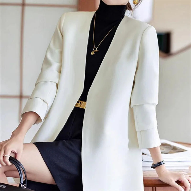Fashionable Versatile Spring Autumn Women's Blazer Jacket Korean Style Street Style Long Sleeve Suit Coat Pure Color Commute...