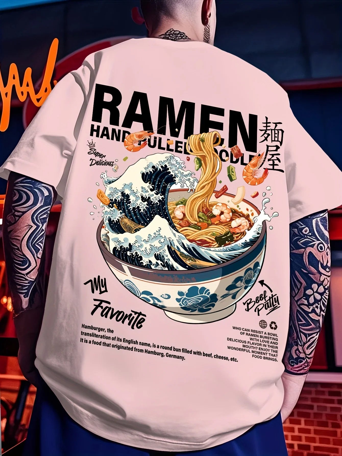 Men New Summer Casual Street Style T-shirt Japanese Waves Ramen Pattern Suitable for Daily Wear 100% Pure Cotton Soft Material