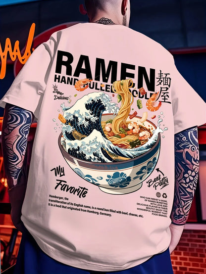 Men New Summer Casual Street Style T-shirt Japanese Waves Ramen Pattern Suitable for Daily Wear 100% Pure Cotton Soft Material