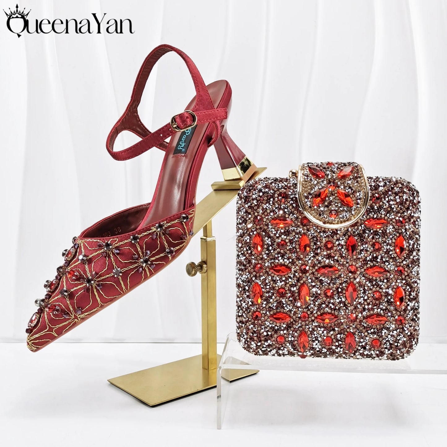 Elegant Full High Quality Diamond Design Olive Color Italian Women's Shoe and Handbag Set for Weddings and Special Occasions