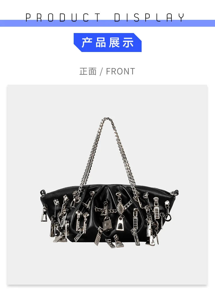 Punk Style Ruched Dumpling Armpit Bag 2025 Multi Zipper Head Decoration Women's Shoulder Bags Spicy Girl Y2K Handbags