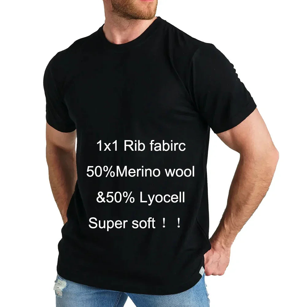 Men's 100% Superfine Merino Wool T-Shirt Base Layer Wicking Breathable Quick Dry Anti-Odor No-itch Comfortable Fit Size