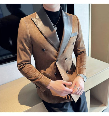 British Style Luxury Men Double Breasted Suit Jacket High Quality Fashion PU Leather Neck Spliced Coats Groom Social Party Dress