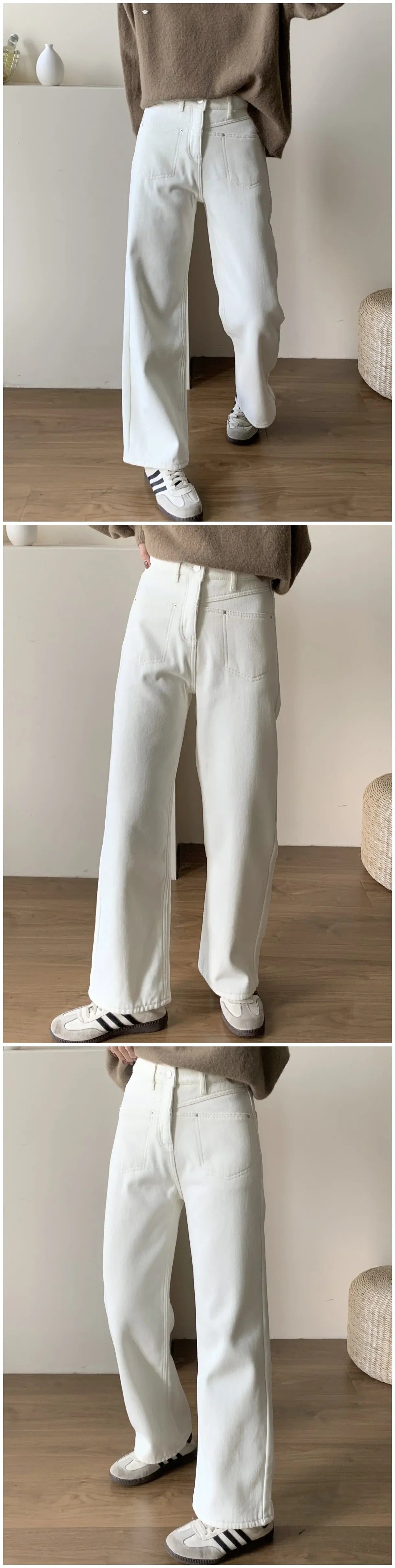 New Beige Straight Jeans Women Winter Warm High Waist Wide Leg Denim Pants 2023