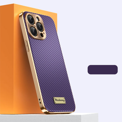 Luxury Plating Leather Carbon Fiber Texture Phone Case For iPhone 17 16 15 14 13 Pro Max Plus 17Air Alloy Lens Shockproof Cover
