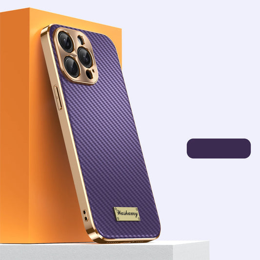 Luxury Plating Leather Carbon Fiber Texture Phone Case For iPhone 17 16 15 14 13 Pro Max Plus 17Air Alloy Lens Shockproof Cover