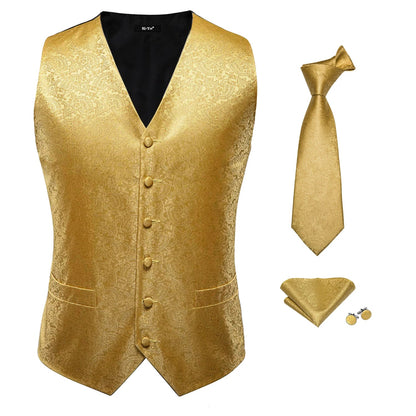Fashion Silk Vest For Men Classic Gold Champane Yellow Waistcoat Jacket Tie Hankerchief Cufflinks Sets Dress Suit Wedding Hi-Tie